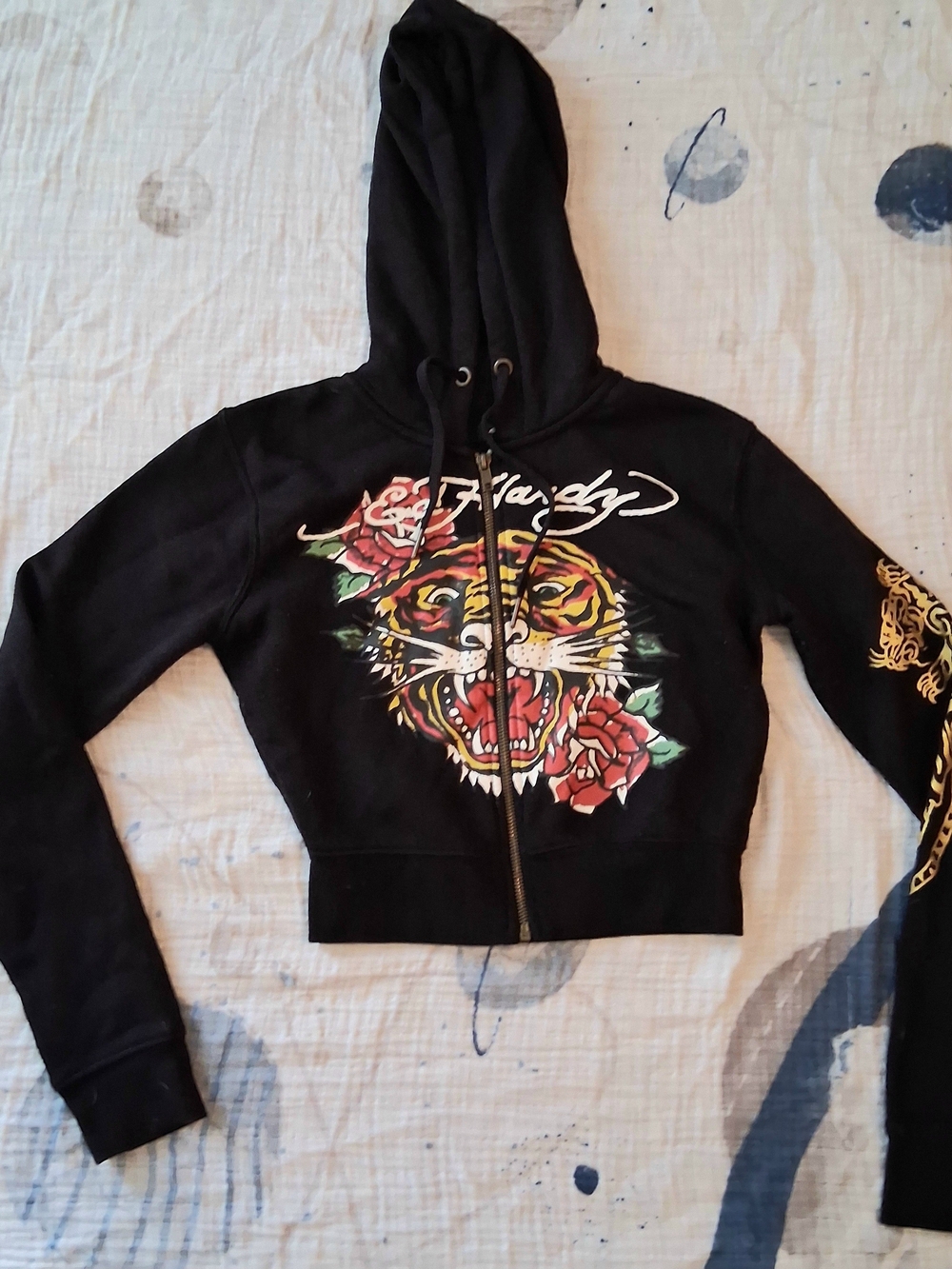 Ed Hardy Black Zip-Up Hoodie with Tiger & Red Rose Graphic